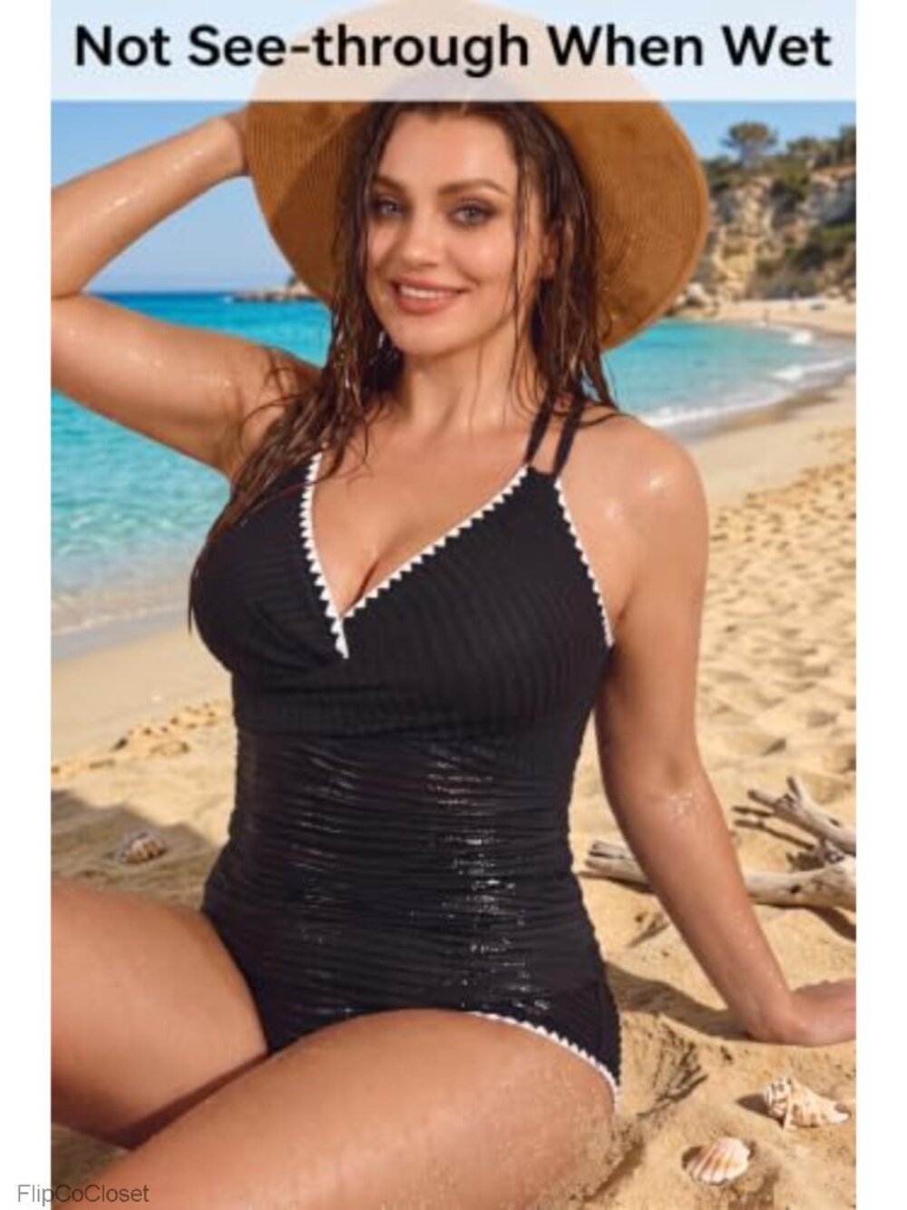 Plus Size Ribbed Tankini Set Tummy Control Two Piece Bathing Suit - Picture 3 of 6